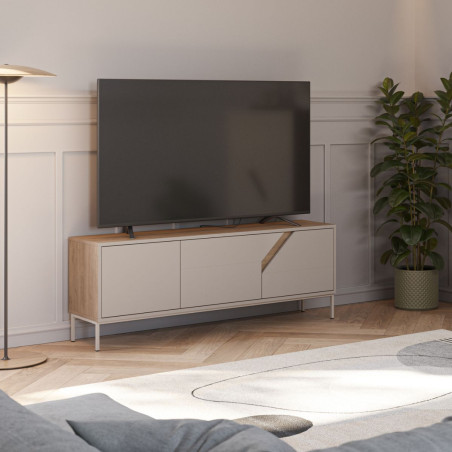 Meuble TV 3 portes 150 cm beige et bois avec découpe graphique - ANOUKOR