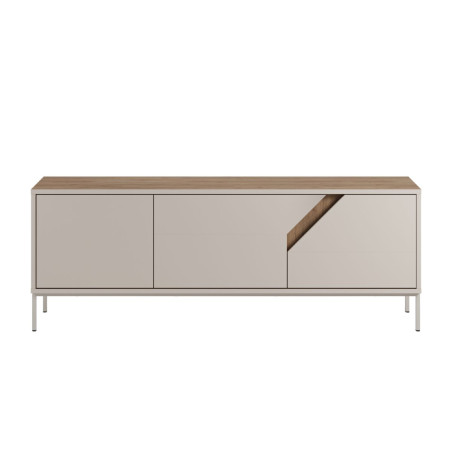 Meuble TV 3 portes 150 cm beige et bois avec découpe graphique - ANOUKOR