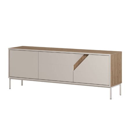 Meuble TV 3 portes 150 cm beige et bois avec découpe graphique - ANOUKOR