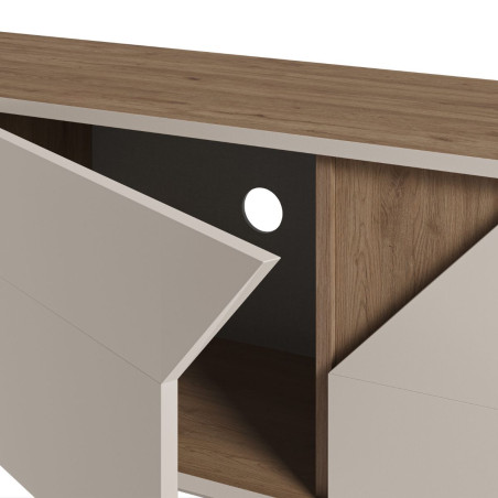 Meuble TV 3 portes 150 cm beige et bois avec découpe graphique - ANOUKOR