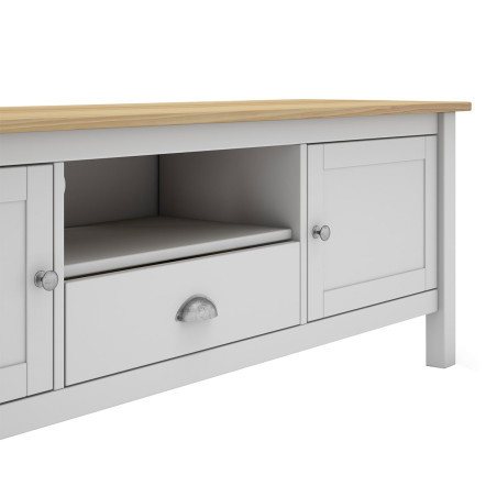 Meuble TV 2 Portes 1 Tiroir Pin Massif Blanc Chêne - BASEN