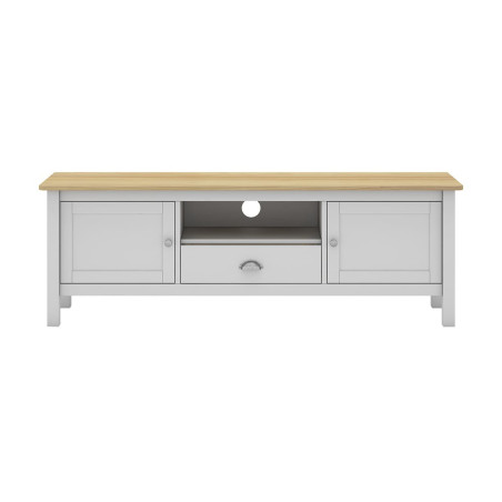 Meuble TV 2 Portes 1 Tiroir Pin Massif Blanc Chêne - BASEN