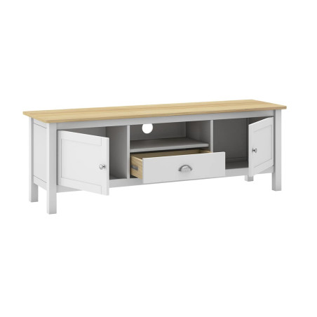 Meuble TV 2 Portes 1 Tiroir Pin Massif Blanc Chêne - BASEN