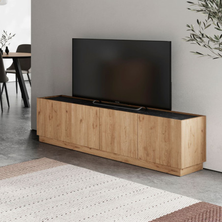 Meuble TV 4 portes 160 cm imitation bois et marbre noir - ODALYSOR