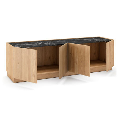 Meuble TV 4 portes 160 cm imitation bois et marbre noir - ODALYSOR