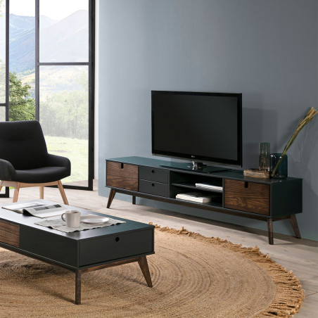 Meuble TV 2 portes 2 tiroirs bois et gris foncé - LILIO