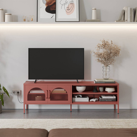 Meuble TV 160 cm 2 portes ajourées 2 niches en métal terracotta - OLIRA