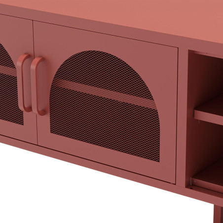 Meuble TV 160 cm 2 portes ajourées 2 niches en métal terracotta - OLIRA