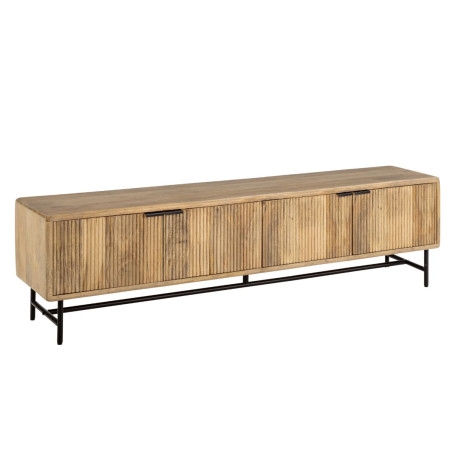 Meuble TV 4 portes en manguier massif, relief graphique vertical, métal laqué noir - MELKOR