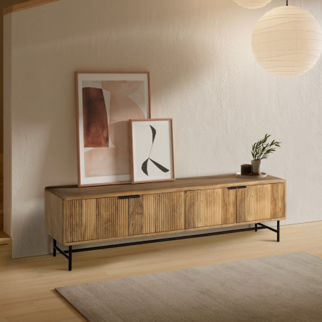 Meuble TV 4 portes en manguier massif, relief graphique vertical, métal laqué noir - MELKOR