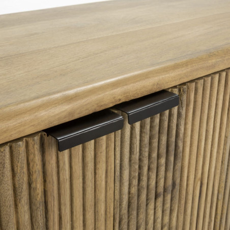 Meuble TV 4 portes en manguier massif, relief graphique vertical, métal laqué noir - MELKOR