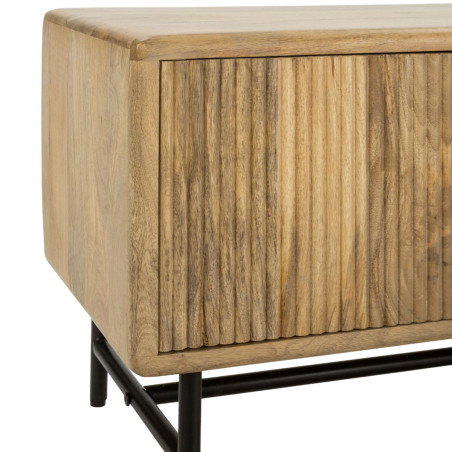 Meuble TV 4 portes en manguier massif, relief graphique vertical, métal laqué noir - MELKOR