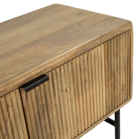 Meuble TV 4 portes en manguier massif, relief graphique vertical, métal laqué noir - MELKOR