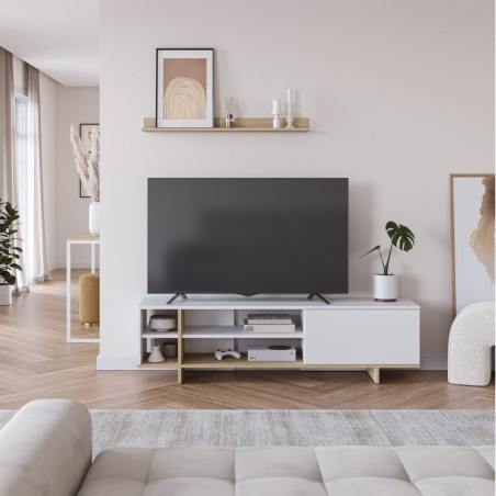 Meuble TV 1 porte 4 niches en mélaminé blanc et bois - ESQUISSOR