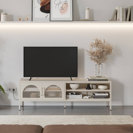 Meuble TV 160 cm 2 portes ajourées 2 niches métal crème - OLIRA
