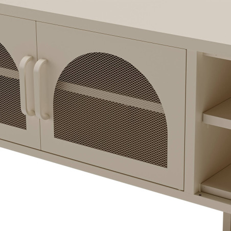 Meuble TV 160 cm 2 portes ajourées 2 niches métal crème - OLIRA