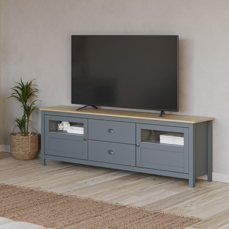 Meuble TV 2 portes semi vitrées 2 tiroirs pin massif vert céladon - MASKA
