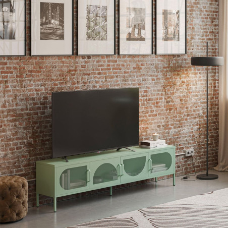Meuble TV 180 cm 4 Portes Ajourées Métal Vert Menthe - LIVIRA