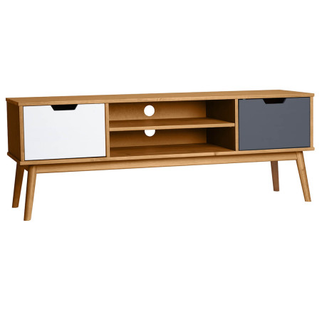 Meuble TV 2 portes en bois massif gris et blanc - MARIA