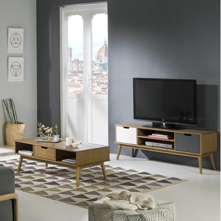 Meuble TV 2 portes en bois massif gris et blanc - MARIA