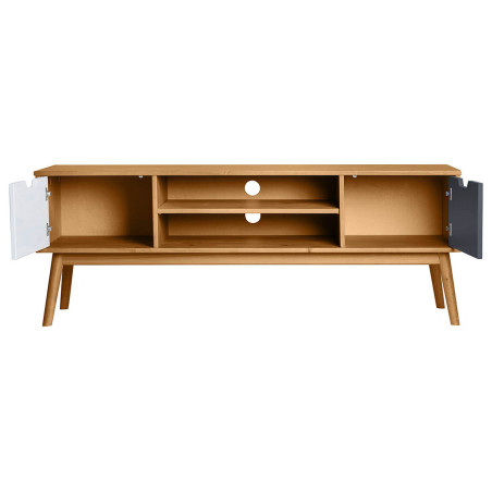 Meuble TV 2 portes en bois massif gris et blanc - MARIA