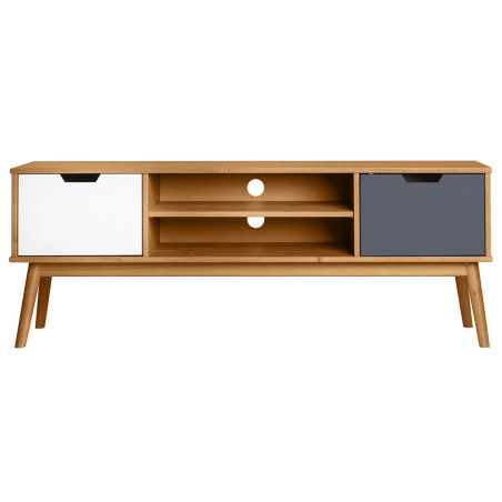 Meuble TV 2 portes en bois massif gris et blanc - MARIA