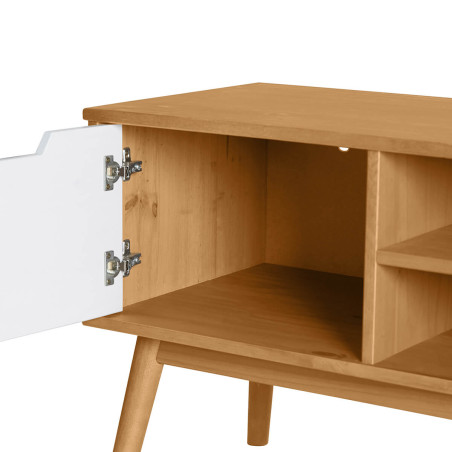 Meuble TV 2 portes en bois massif gris et blanc - MARIA