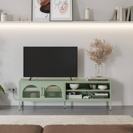 Meuble TV 160 cm 2 portes ajourées 2 niches métal vert menthe - OLIRA