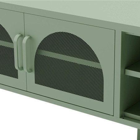 Meuble TV 160 cm 2 portes ajourées 2 niches métal vert menthe - OLIRA
