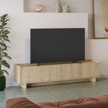 Meuble TV 4 portes 180 cm en mélaminé imitation bois décor relief fraisé - RIADOR