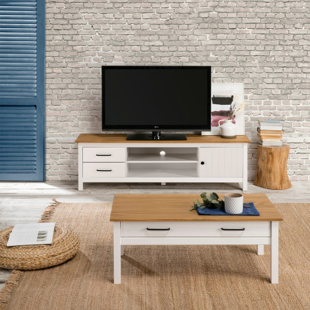 Meuble TV 1 Porte 2 Tiroirs Bois Ciré Blanc - TINIO