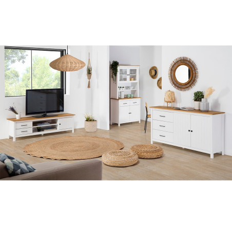 Meuble TV 1 Porte 2 Tiroirs Bois Ciré Blanc - TINIO