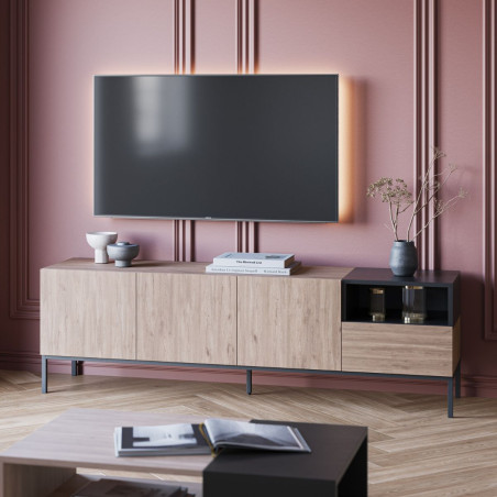 Meuble TV 3 portes bois et noir piètement métal - CALLASOR
