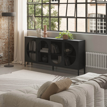 Meuble TV 180 cm 4 portes ajourées en métal noir - LIVIRA