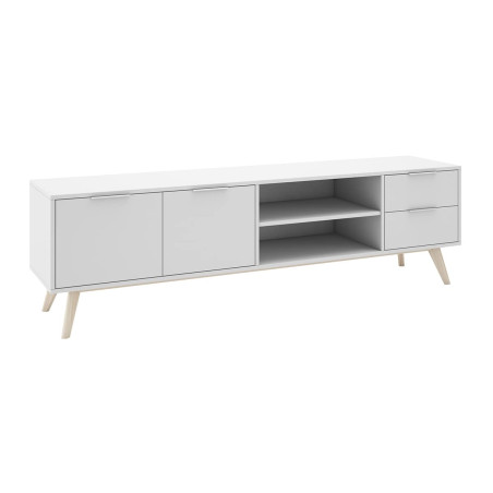 Meuble TV 180 cm 2 portes 2 tiroirs scandinave MDF pin massif naturel blanc - BLAKEN