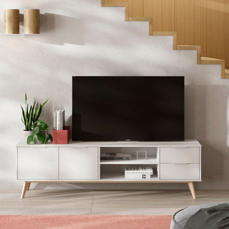 Meuble TV 180 cm 2 portes 2 tiroirs scandinave MDF pin massif naturel blanc - BLAKEN
