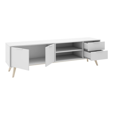 Meuble TV 180 cm 2 portes 2 tiroirs scandinave MDF pin massif naturel blanc - BLAKEN