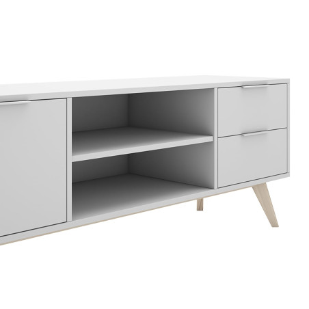 Meuble TV 180 cm 2 portes 2 tiroirs scandinave MDF pin massif naturel blanc - BLAKEN