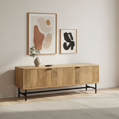 Meuble TV 3 portes en manguier massif et métal noir - MELKOR