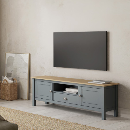 Meuble TV 2 portes 1 tiroir pin massif vert céladon - BASEN