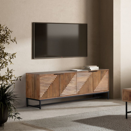 Meuble TV 4 portes en manguier massif, relief graphique, métal noir - NERIOR