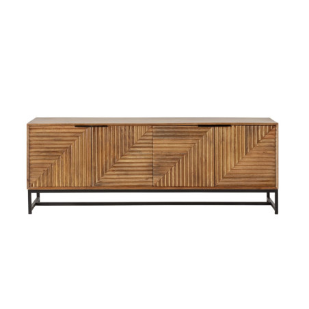 Meuble TV 4 portes en manguier massif, relief graphique, métal noir - NERIOR