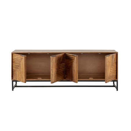 Meuble TV 4 portes en manguier massif, relief graphique, métal noir - NERIOR