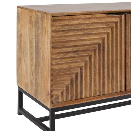 Meuble TV 4 portes en manguier massif, relief graphique, métal noir - NERIOR