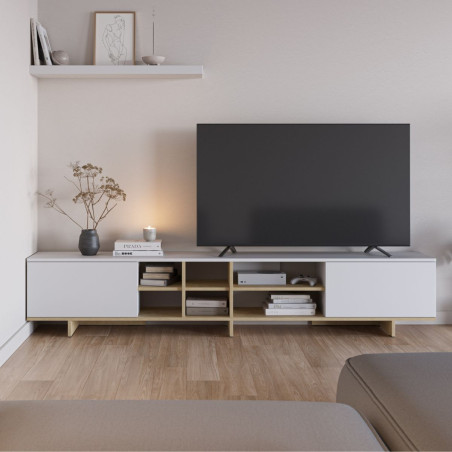 Meuble TV 2 portes 230 cm mélaminé blanc et imitation bois - ESQUISSOR