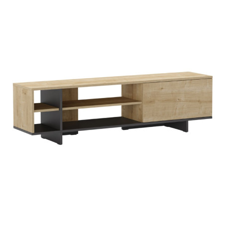 Meuble TV 1 porte 4 niches mélaminé imitation bois et noir - ESQUISSOR