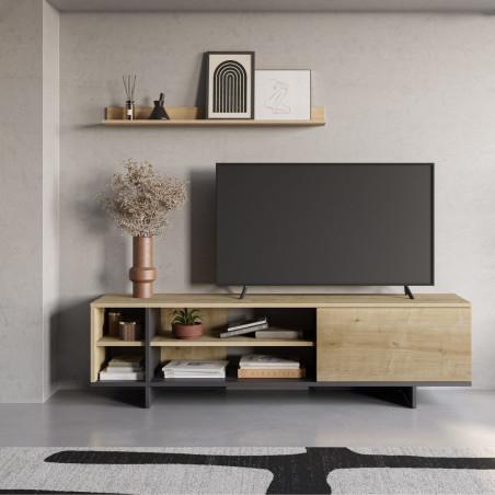 Meuble TV 1 porte 4 niches mélaminé imitation bois et noir - ESQUISSOR