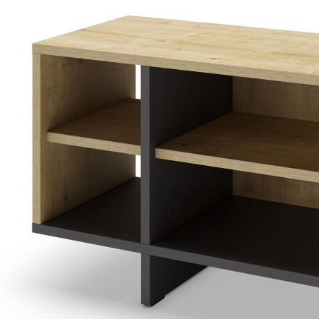 Meuble TV 1 porte 4 niches mélaminé imitation bois et noir - ESQUISSOR