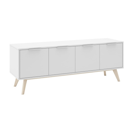 Meuble TV 4 Portes Scandinave MDF et Pin Massif Naturel et Blanc - BLAKEN