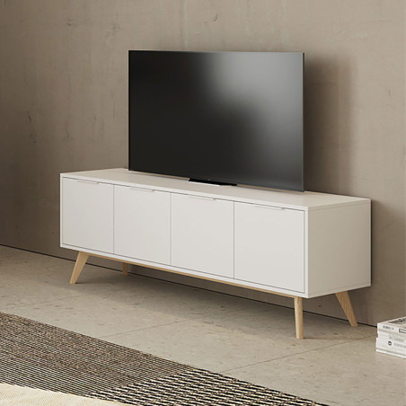 Meuble TV 4 Portes Scandinave MDF et Pin Massif Naturel et Blanc - BLAKEN